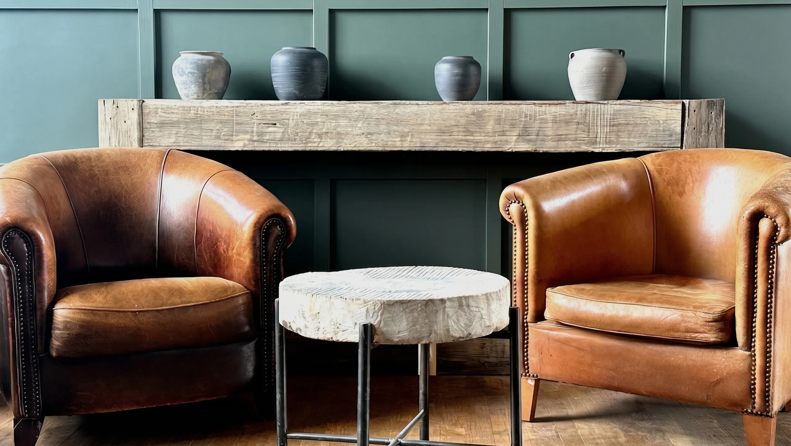 Reclaimed furniture — tables, stools, and chairs